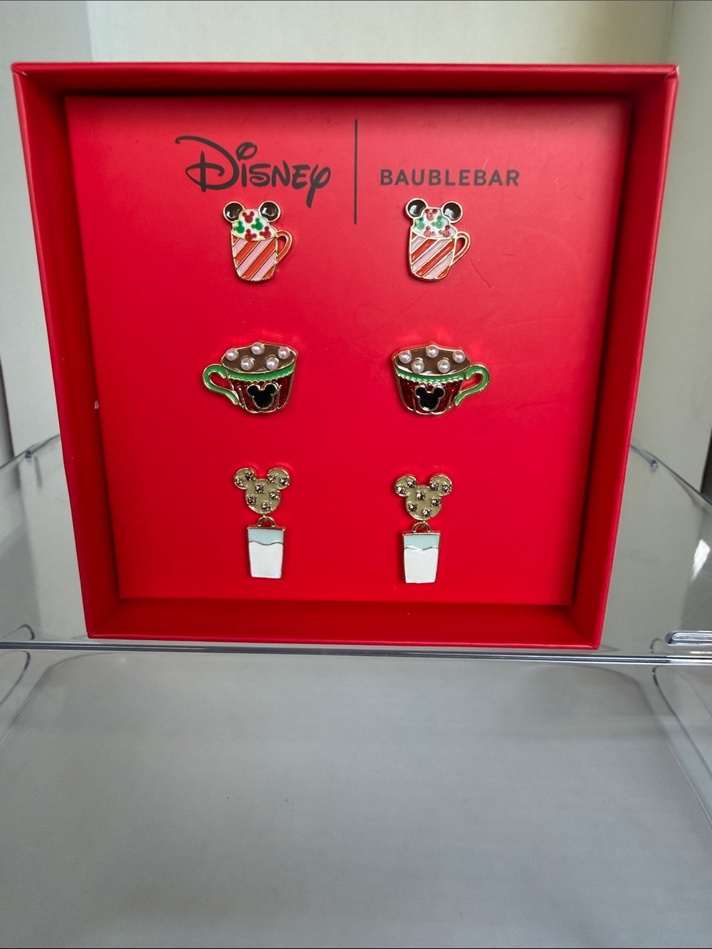 Disney BaubleBar MickeyHoliday Mug & Cocoa Stud Earring Set in Red, Green, White